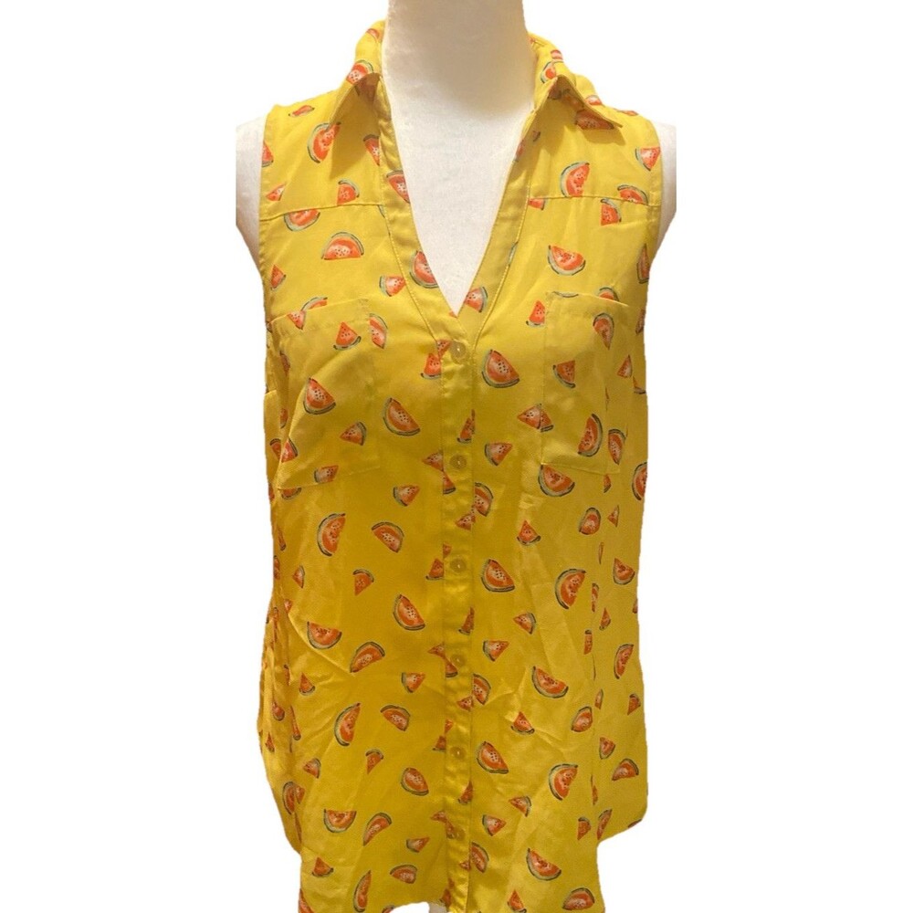 BCX Blouse Top Button Up Sleeveless Yellow Tank Collar Watermelon Sz Medium